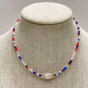 Handmade red blue glass seed bead & fresh water Pearl necklace
